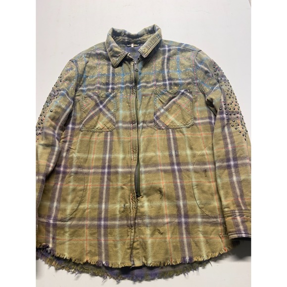 Free People Jackets & Blazers - Free People Deconstructed Shirt Jacket Olive Green Plaid Embellished Womens Sz S